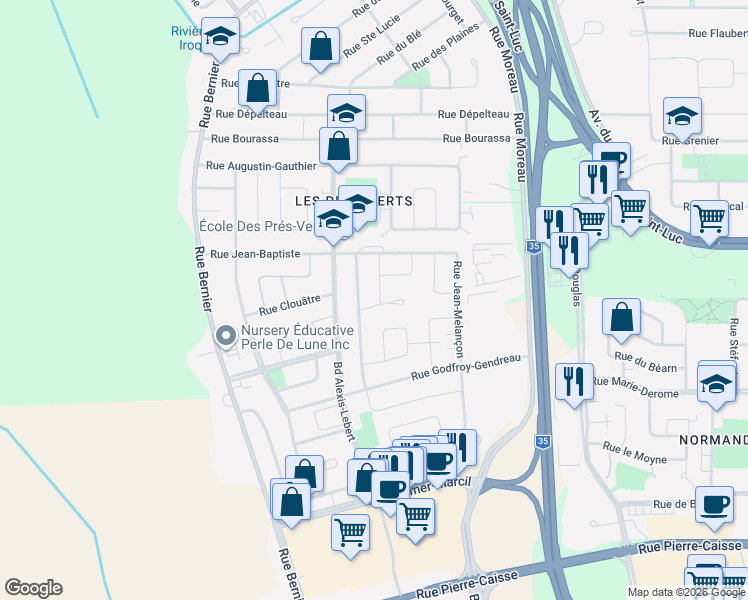 map of restaurants, bars, coffee shops, grocery stores, and more near 34 Rue Michel-Quintal in Saint-Jean-sur-Richelieu