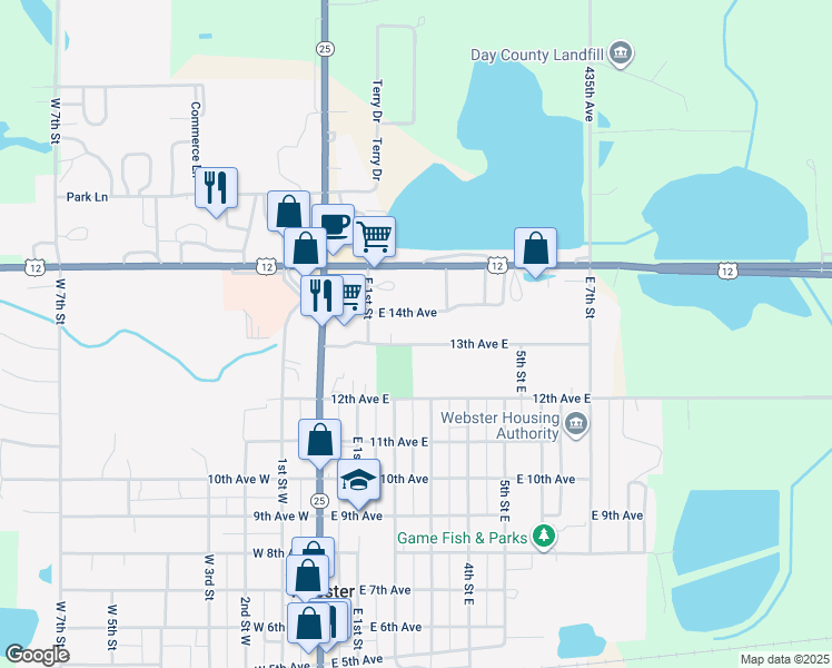 map of restaurants, bars, coffee shops, grocery stores, and more near 215 13th Avenue East in Webster