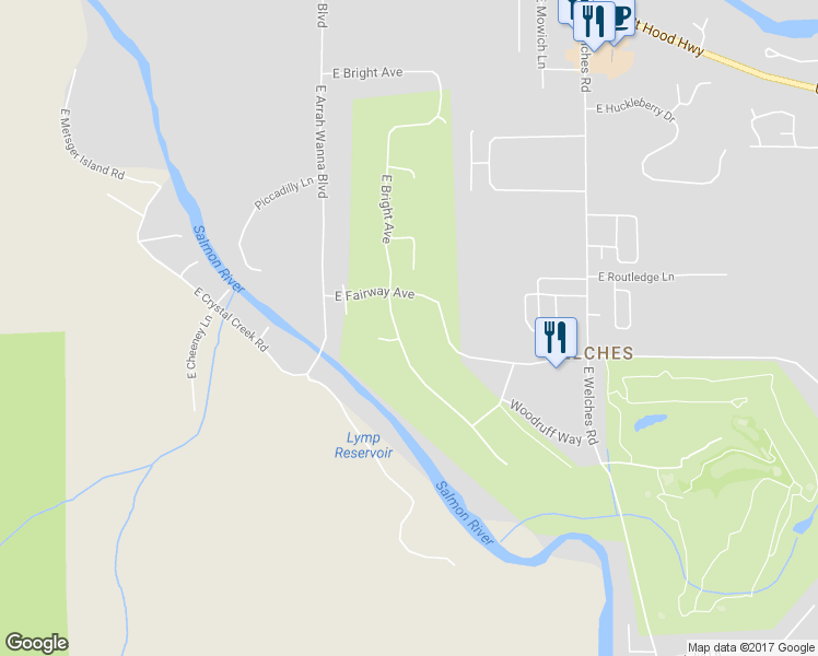 map of restaurants, bars, coffee shops, grocery stores, and more near 25484 E Bright Ave in Welches