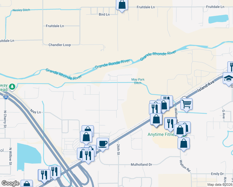 map of restaurants, bars, coffee shops, grocery stores, and more near 61994 West Road in La Grande