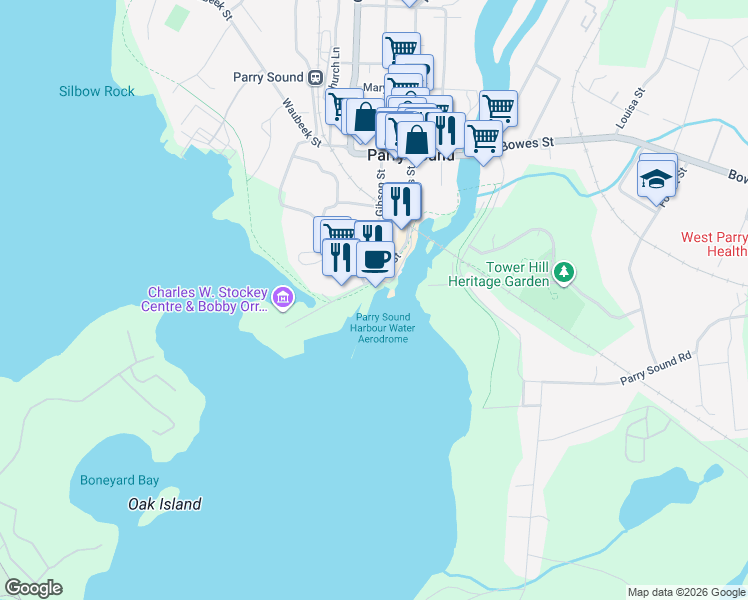 map of restaurants, bars, coffee shops, grocery stores, and more near 9 Bay Street in Parry Sound