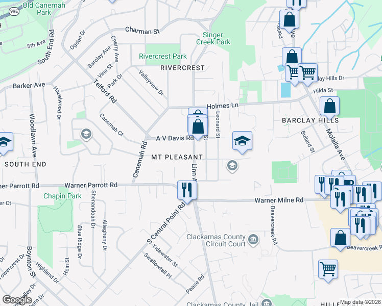 map of restaurants, bars, coffee shops, grocery stores, and more near 1208 Linn Avenue in Oregon City