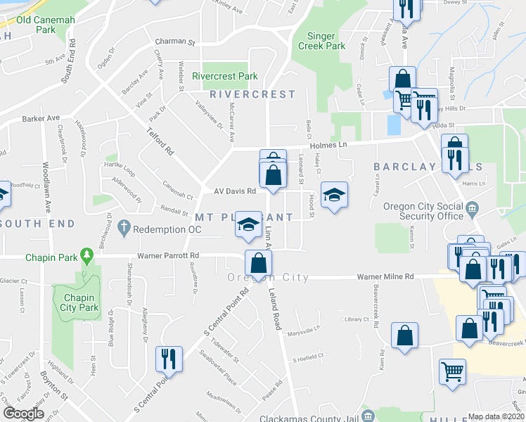 map of restaurants, bars, coffee shops, grocery stores, and more near 1208 Linn Avenue in Oregon City