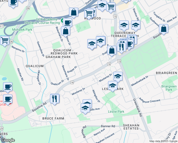 map of restaurants, bars, coffee shops, grocery stores, and more near 2785 Baseline Road in Ottawa