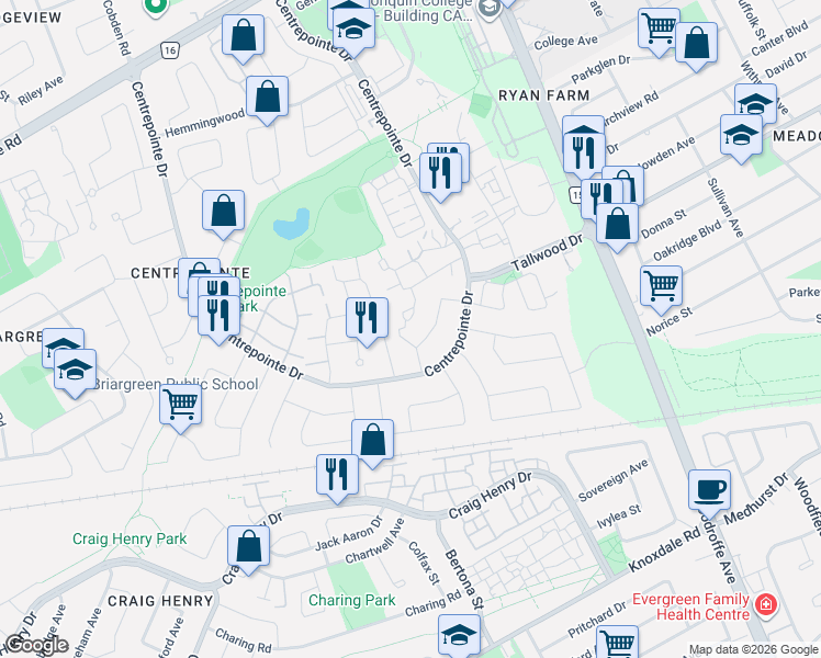 map of restaurants, bars, coffee shops, grocery stores, and more near 8A Millrise Lane in Ottawa