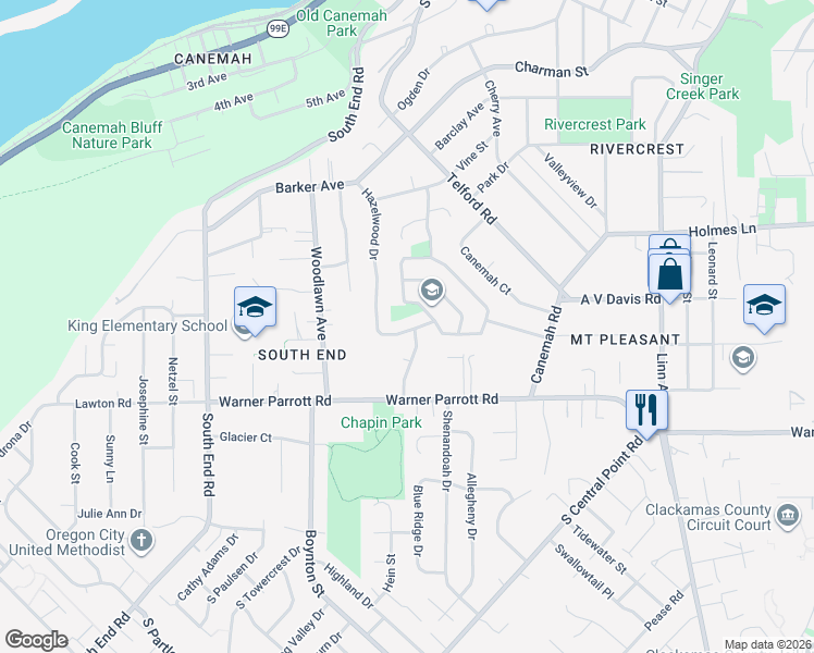 map of restaurants, bars, coffee shops, grocery stores, and more near 1039 Birchwood Drive in Oregon City