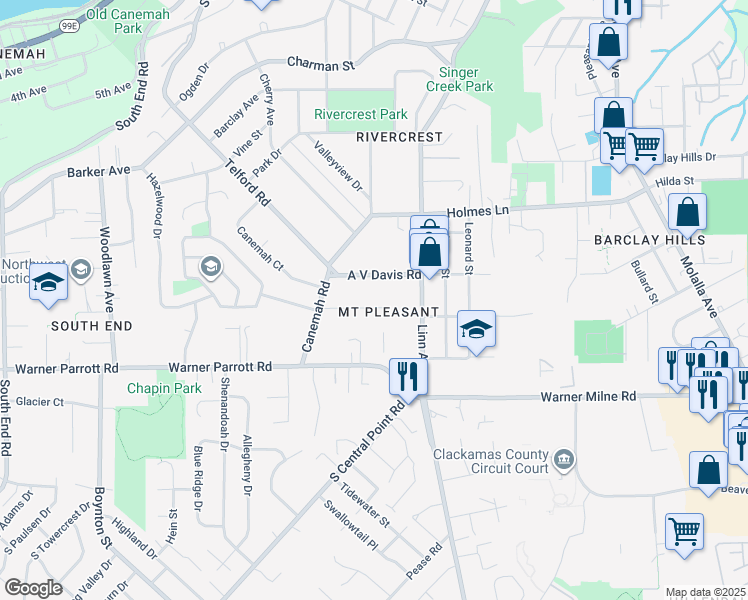 map of restaurants, bars, coffee shops, grocery stores, and more near 158 Donald Street in Oregon City