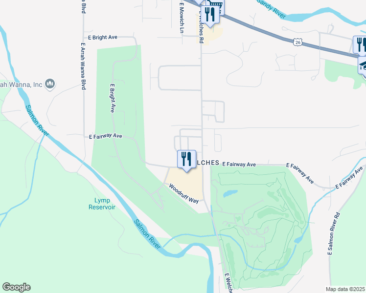 map of restaurants, bars, coffee shops, grocery stores, and more near 25297 East Welches Road in Mount Hood Village