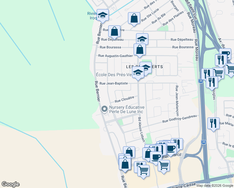 map of restaurants, bars, coffee shops, grocery stores, and more near 74 Rue Antoine-Quiriac in Saint-Jean-sur-Richelieu