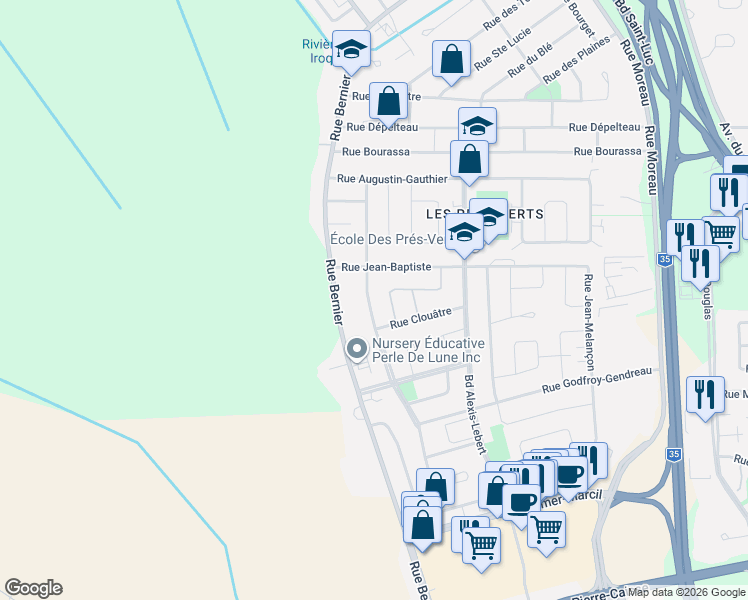 map of restaurants, bars, coffee shops, grocery stores, and more near 1219 Rue Berthelot in Saint-Jean-sur-Richelieu