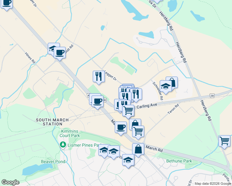map of restaurants, bars, coffee shops, grocery stores, and more near 340 Legget Dr in Ottawa