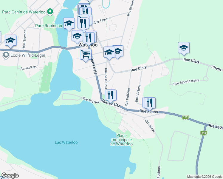 map of restaurants, bars, coffee shops, grocery stores, and more near Rue Leclair in Waterloo