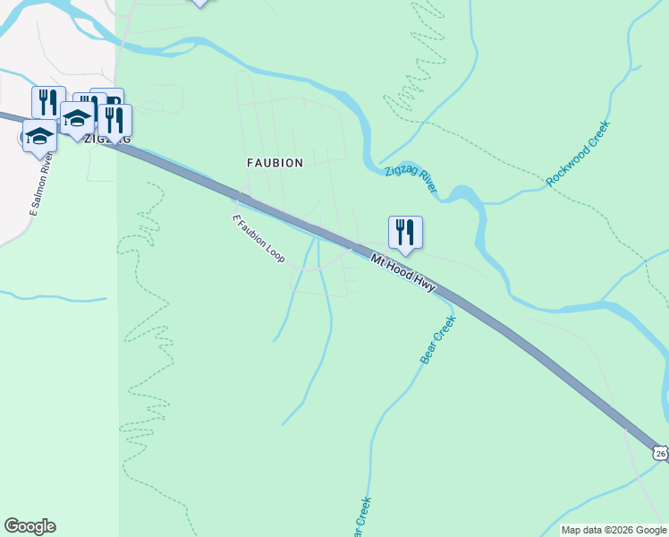 map of restaurants, bars, coffee shops, grocery stores, and more near 71210 East Faubion Loop in Rhododendron