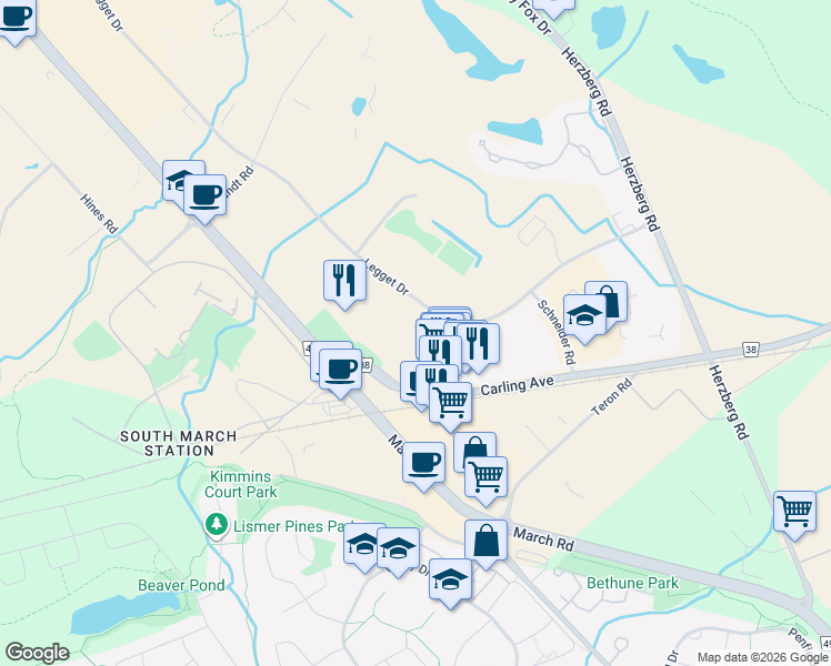 map of restaurants, bars, coffee shops, grocery stores, and more near 340 Legget Drive in Ottawa