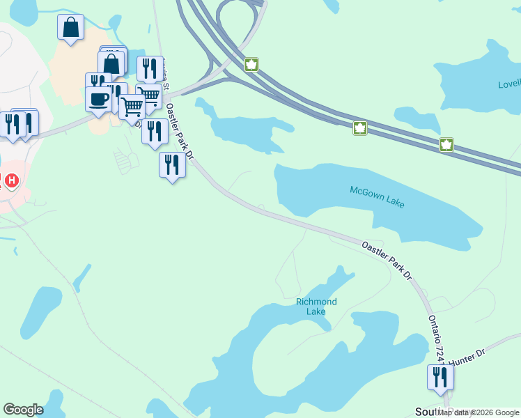 map of restaurants, bars, coffee shops, grocery stores, and more near 30 Oastler Park Drive in Parry Sound