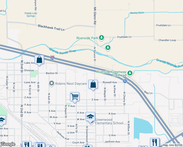 map of restaurants, bars, coffee shops, grocery stores, and more near 2905 North Greenwood Street in La Grande