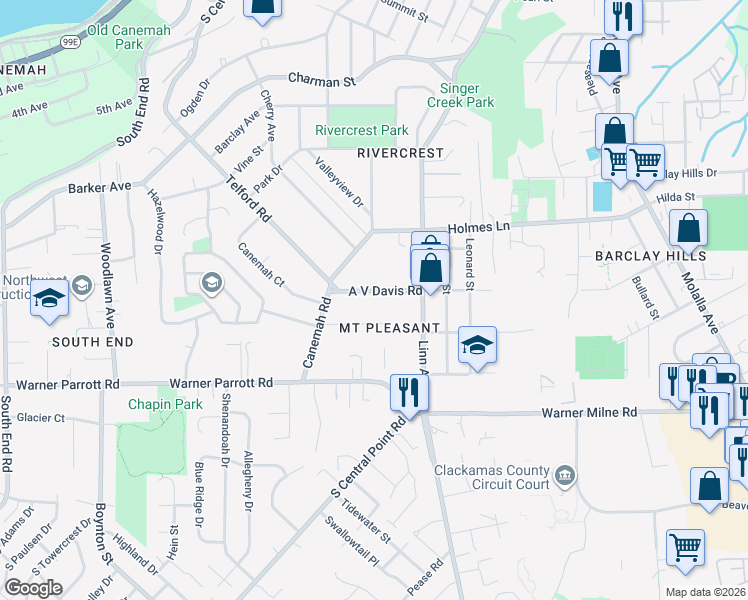 map of restaurants, bars, coffee shops, grocery stores, and more near 136 Avenue Davis Road in Oregon City