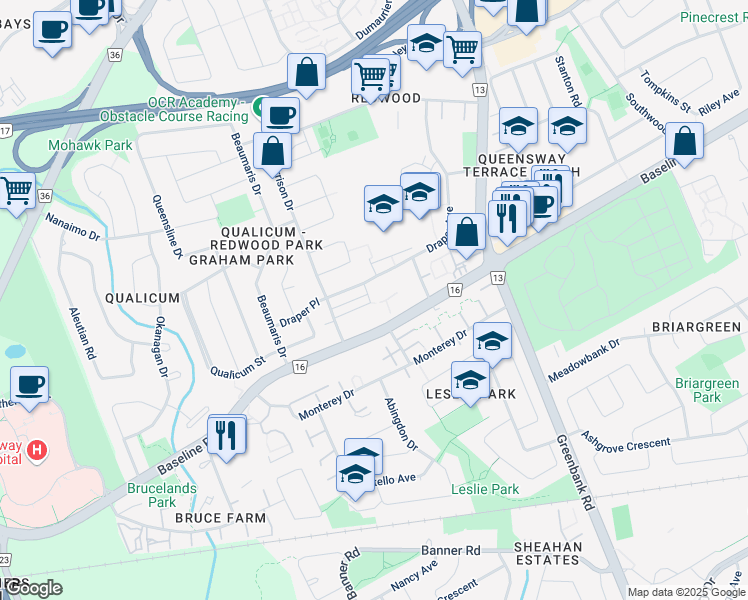 map of restaurants, bars, coffee shops, grocery stores, and more near 2704 Draper Avenue in Ottawa
