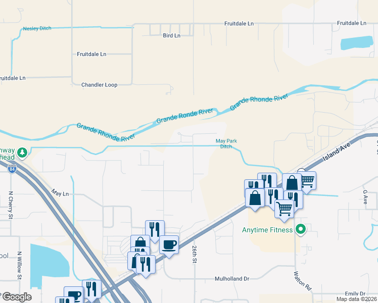 map of restaurants, bars, coffee shops, grocery stores, and more near 61994 West Road in La Grande