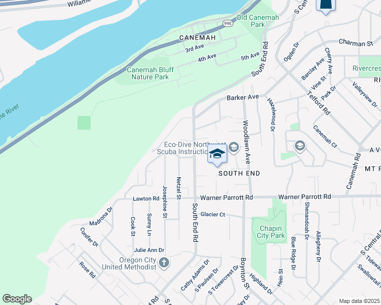 map of restaurants, bars, coffee shops, grocery stores, and more near 104 Pinewood Court in Oregon City
