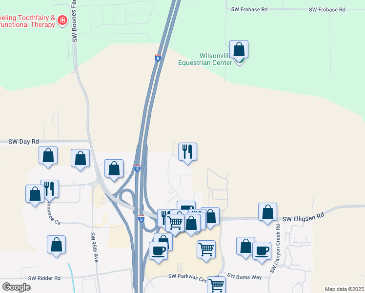 map of restaurants, bars, coffee shops, grocery stores, and more near 25030 Southwest Parkway Avenue in Tualatin