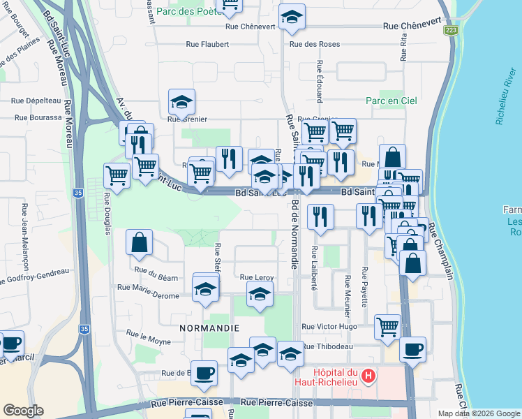map of restaurants, bars, coffee shops, grocery stores, and more near 501 Rue Bissett in Saint-Jean-sur-Richelieu
