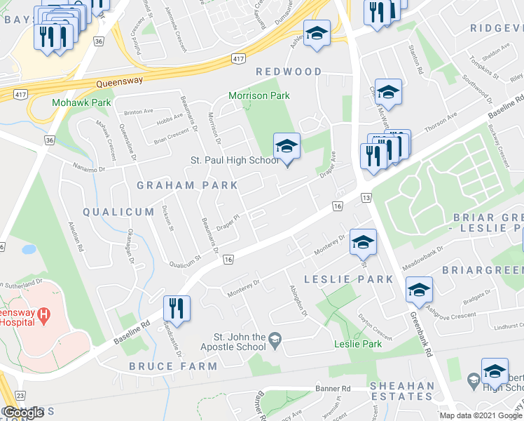 map of restaurants, bars, coffee shops, grocery stores, and more near 2724 Draper Avenue in Ottawa