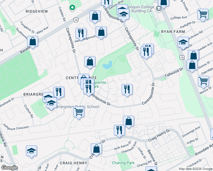 map of restaurants, bars, coffee shops, grocery stores, and more near 68 Grandcourt Drive in Ottawa