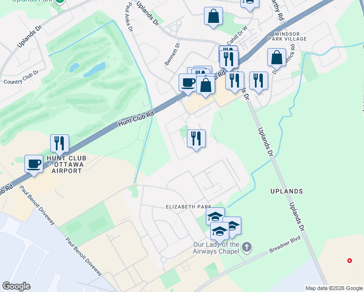 map of restaurants, bars, coffee shops, grocery stores, and more near 114 Mosswood Court in Ottawa