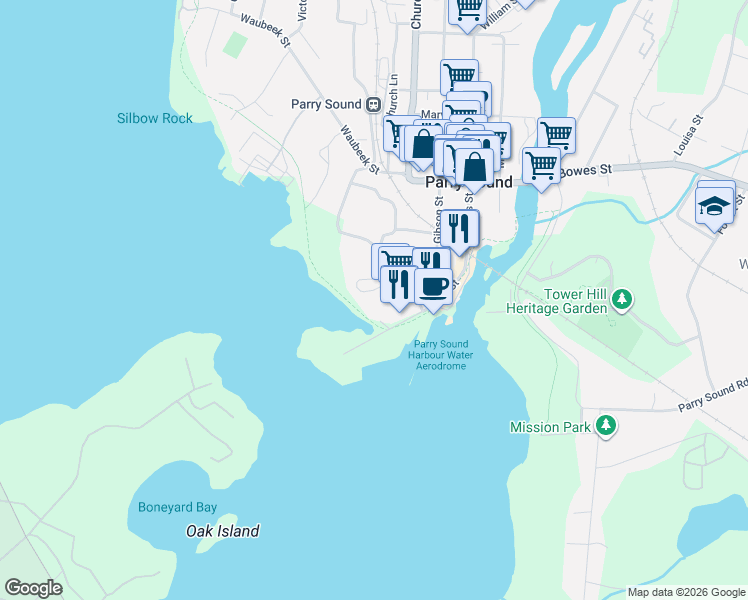 map of restaurants, bars, coffee shops, grocery stores, and more near 8 Sunset Avenue in Parry Sound