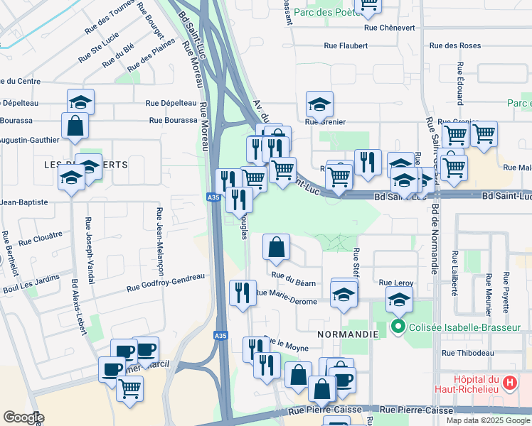 map of restaurants, bars, coffee shops, grocery stores, and more near 1305 Rue Douglas in Saint-Jean-sur-Richelieu