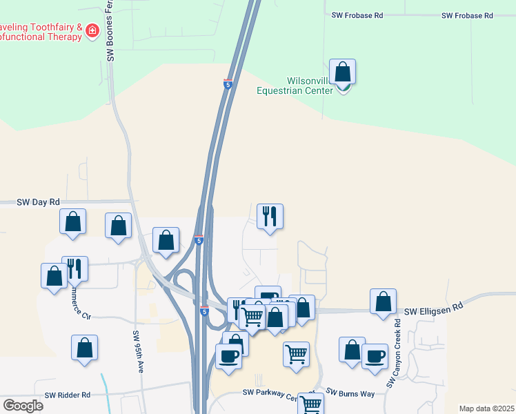 map of restaurants, bars, coffee shops, grocery stores, and more near 25030 Southwest Parkway Avenue in Tualatin