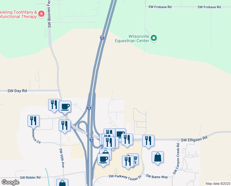 map of restaurants, bars, coffee shops, grocery stores, and more near 25030 Southwest Parkway Avenue in Tualatin