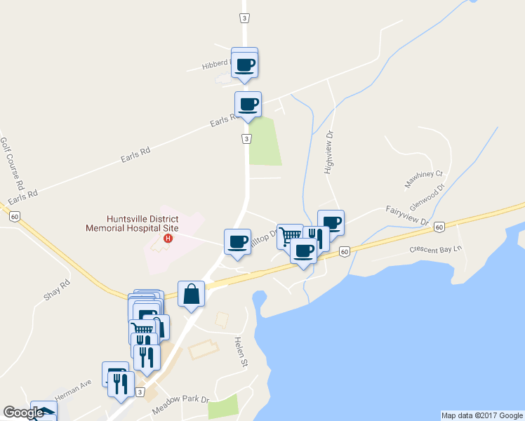 map of restaurants, bars, coffee shops, grocery stores, and more near 12 Hilltop Drive in Huntsville