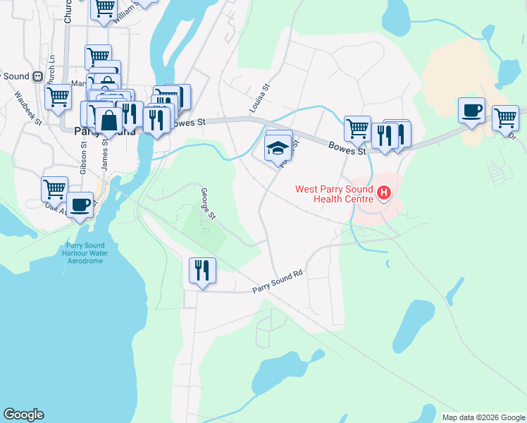 map of restaurants, bars, coffee shops, grocery stores, and more near 30 Forest Street in Parry Sound