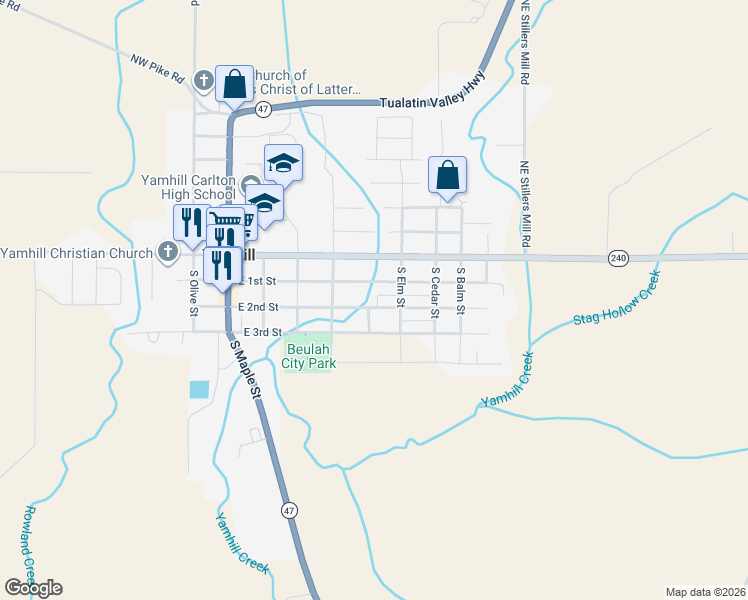 map of restaurants, bars, coffee shops, grocery stores, and more near 620 East 2nd Street in Yamhill