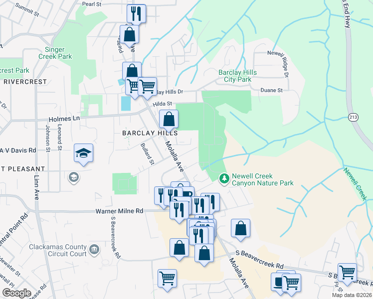 map of restaurants, bars, coffee shops, grocery stores, and more near 465 Harris Lane in Oregon City