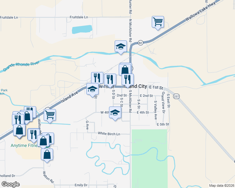 map of restaurants, bars, coffee shops, grocery stores, and more near 10201 West 1st Street in La Grande