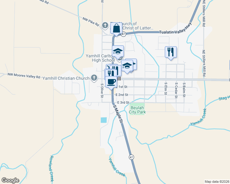 map of restaurants, bars, coffee shops, grocery stores, and more near 155 South Maple Street in Yamhill