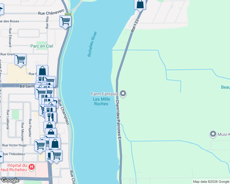 map of restaurants, bars, coffee shops, grocery stores, and more near 231 Chemin des Patriotes Est in Saint-Jean-sur-Richelieu