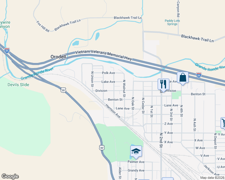 map of restaurants, bars, coffee shops, grocery stores, and more near 303 Division in La Grande