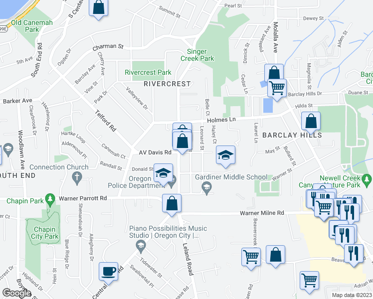 map of restaurants, bars, coffee shops, grocery stores, and more near 1030 Johnson Street in Oregon City
