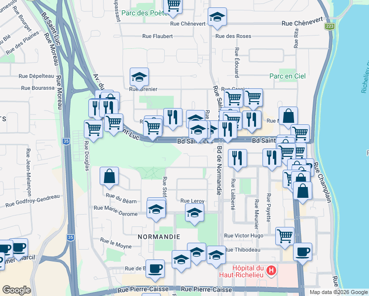 map of restaurants, bars, coffee shops, grocery stores, and more near 122 Boulevard Saint-Luc in Saint-Jean-sur-Richelieu