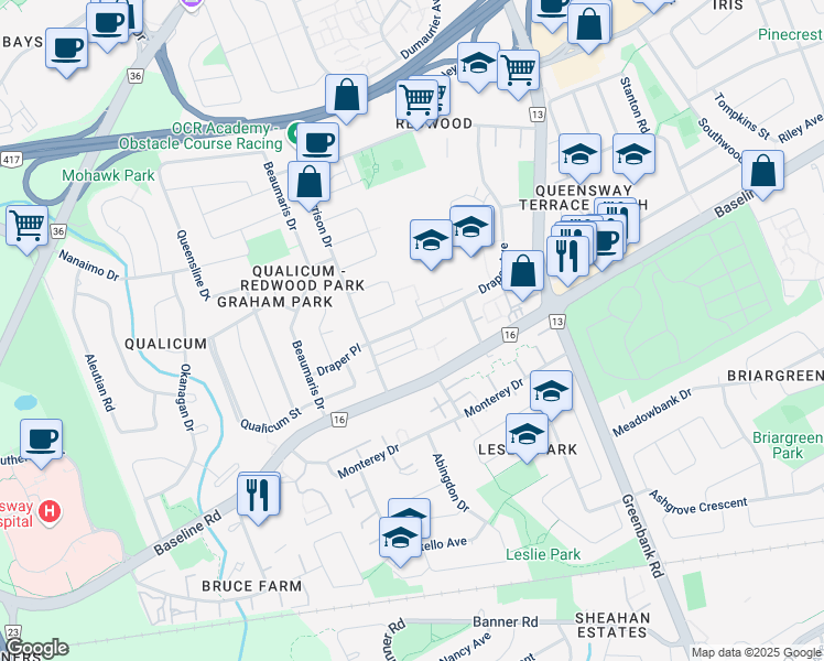 map of restaurants, bars, coffee shops, grocery stores, and more near 2704 Draper Avenue in Ottawa