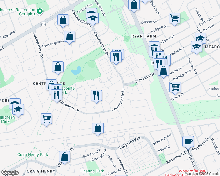 map of restaurants, bars, coffee shops, grocery stores, and more near 2 Millrise Lane in Ottawa