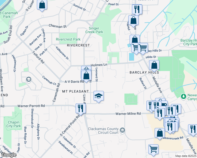 map of restaurants, bars, coffee shops, grocery stores, and more near 1025 Leonard Street in Oregon City