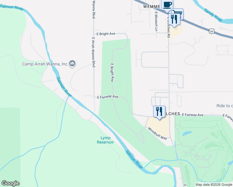 map of restaurants, bars, coffee shops, grocery stores, and more near 67500 East Jennie Welch Court in Mount Hood Village