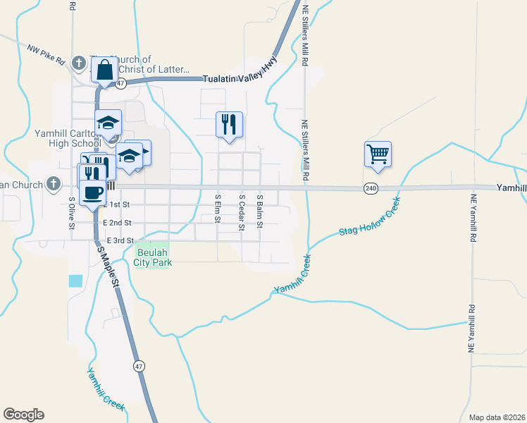 map of restaurants, bars, coffee shops, grocery stores, and more near 915 East 1st Street in Yamhill