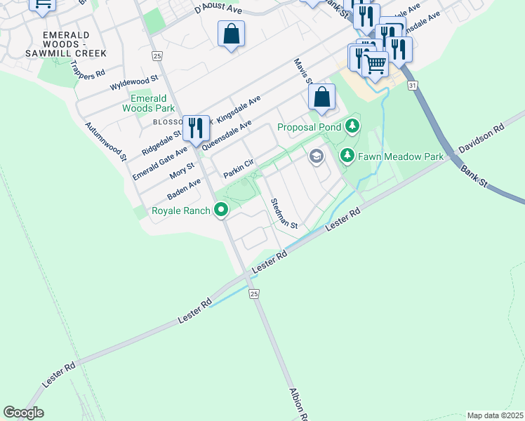 map of restaurants, bars, coffee shops, grocery stores, and more near 3595 Aladdin Lane in Ottawa