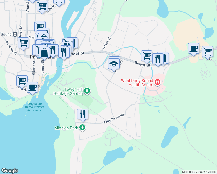 map of restaurants, bars, coffee shops, grocery stores, and more near 28 Forest Street in Parry Sound